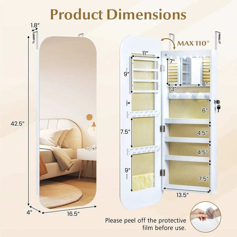 6 LEDs Mirror Jewelry Cabinet Wall or Door Mounted Lockable Jewelry Organizer-White by DirectDeals