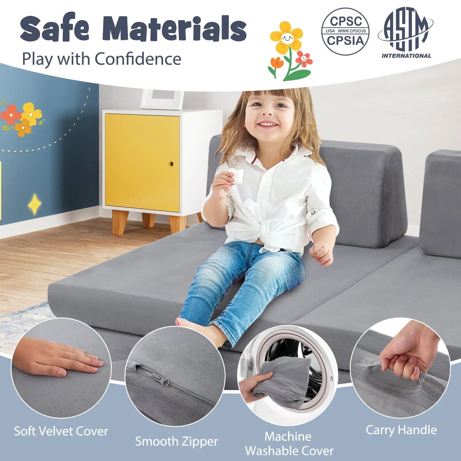 6 Pieces Modular Kids Play Couch Set with Washable Covers for Living Room Playroom-Gray by DirectDeals