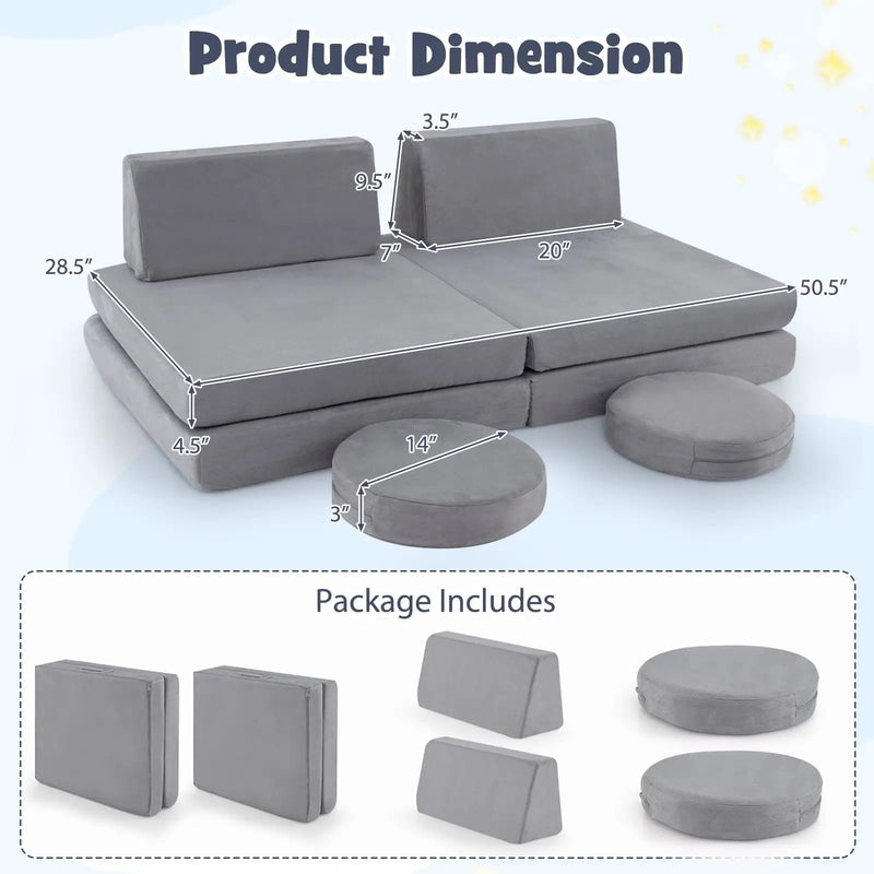6 Pieces Modular Kids Play Couch Set with Washable Covers for Living Room Playroom-Gray by DirectDeals