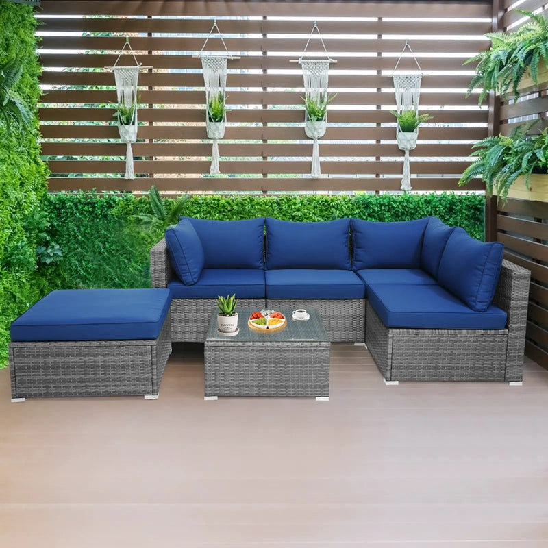 6 Pieces Outdoor Rattan Sofa Set with Seat and Back Cushions-Navy by DirectDeals