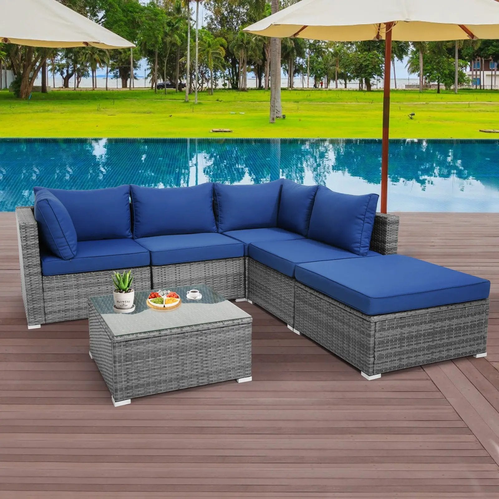 6 Pieces Outdoor Rattan Sofa Set with Seat and Back Cushions-Navy by DirectDeals