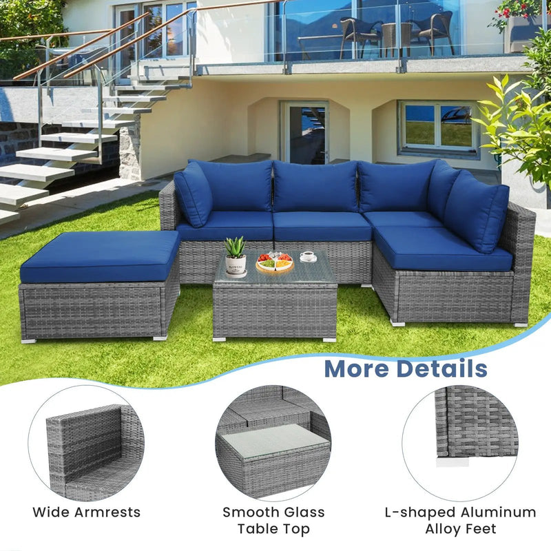 6 Pieces Outdoor Rattan Sofa Set with Seat and Back Cushions-Navy by DirectDeals