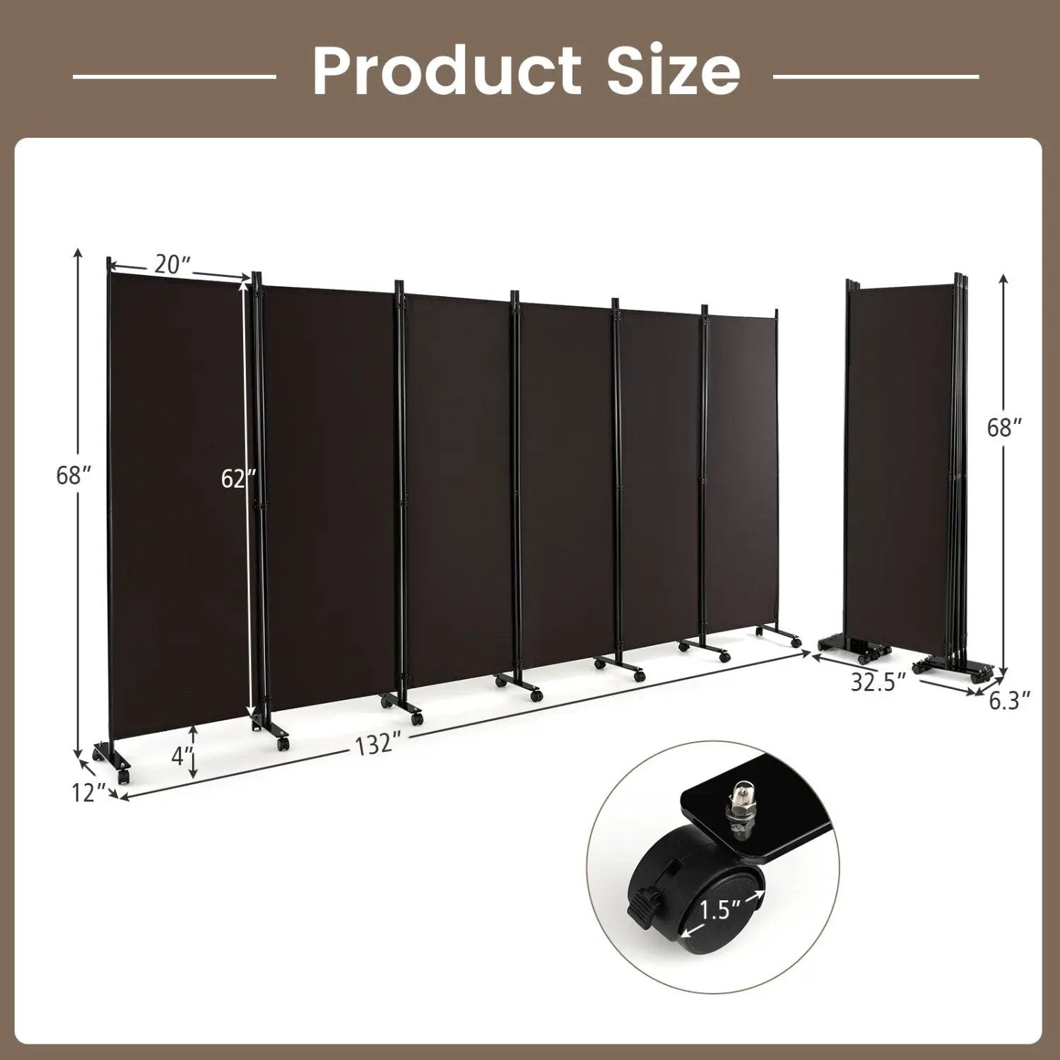 6 Panel Rolling Room Divider on Wheels - 5.7 Feet Tall by DirectDeals