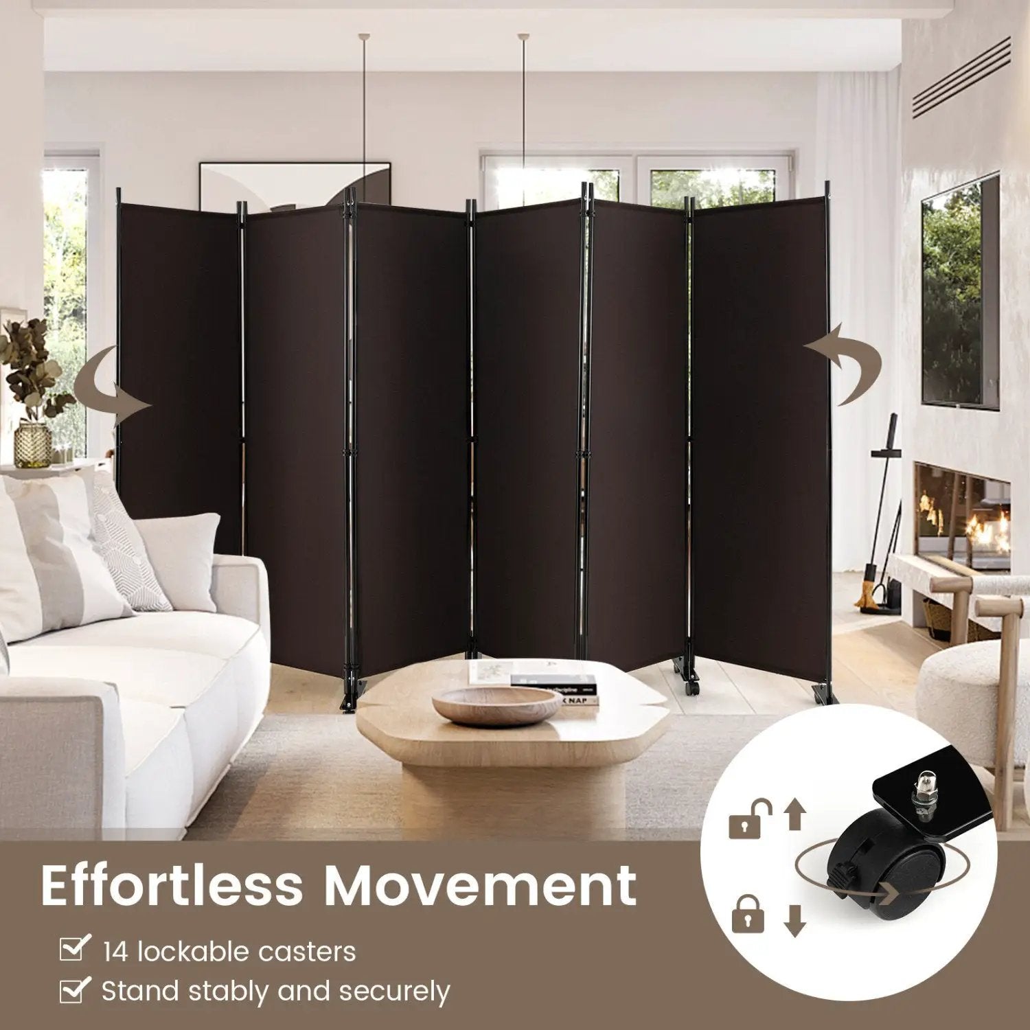 6 Panel Rolling Room Divider on Wheels - 5.7 Feet Tall by DirectDeals