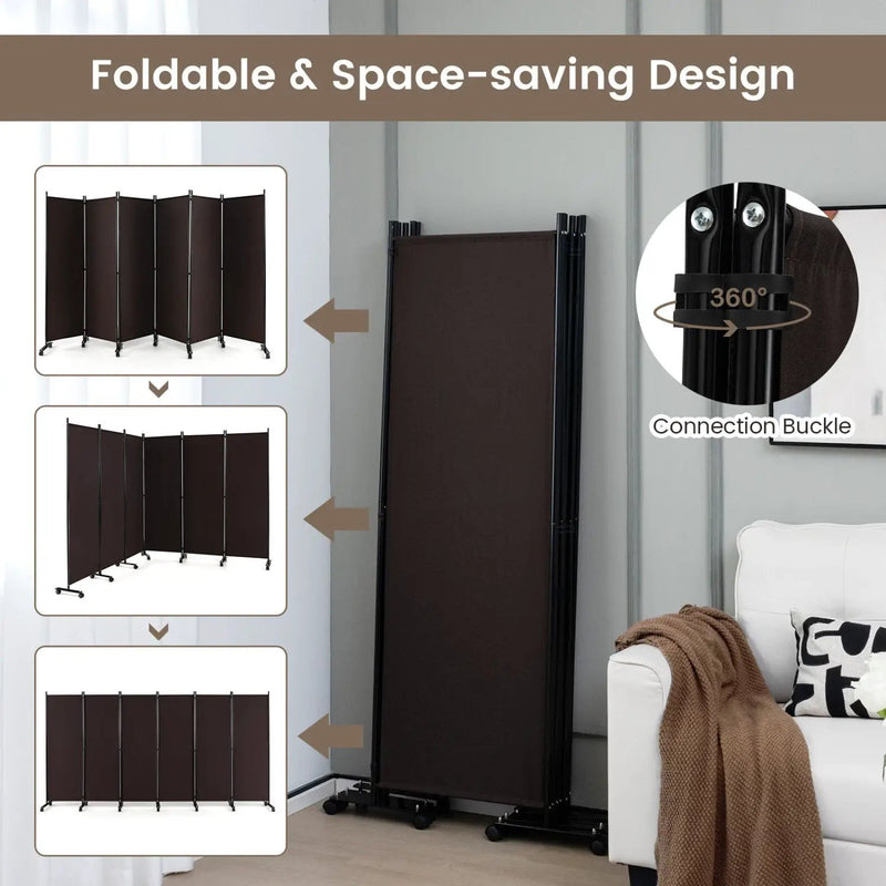 6 Panel Rolling Room Divider on Wheels - 5.7 Feet Tall by DirectDeals