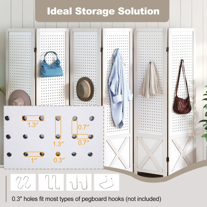 6-Panel Pegboard Room Divider 67 Inches Tall Foldable Privacy Screen by DirectDeals