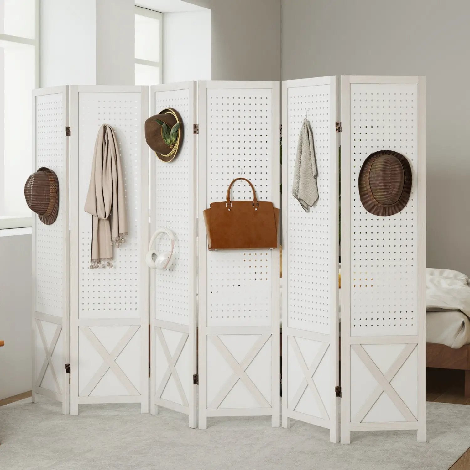 6-Panel Pegboard Room Divider 67 Inches Tall Foldable Privacy Screen by DirectDeals