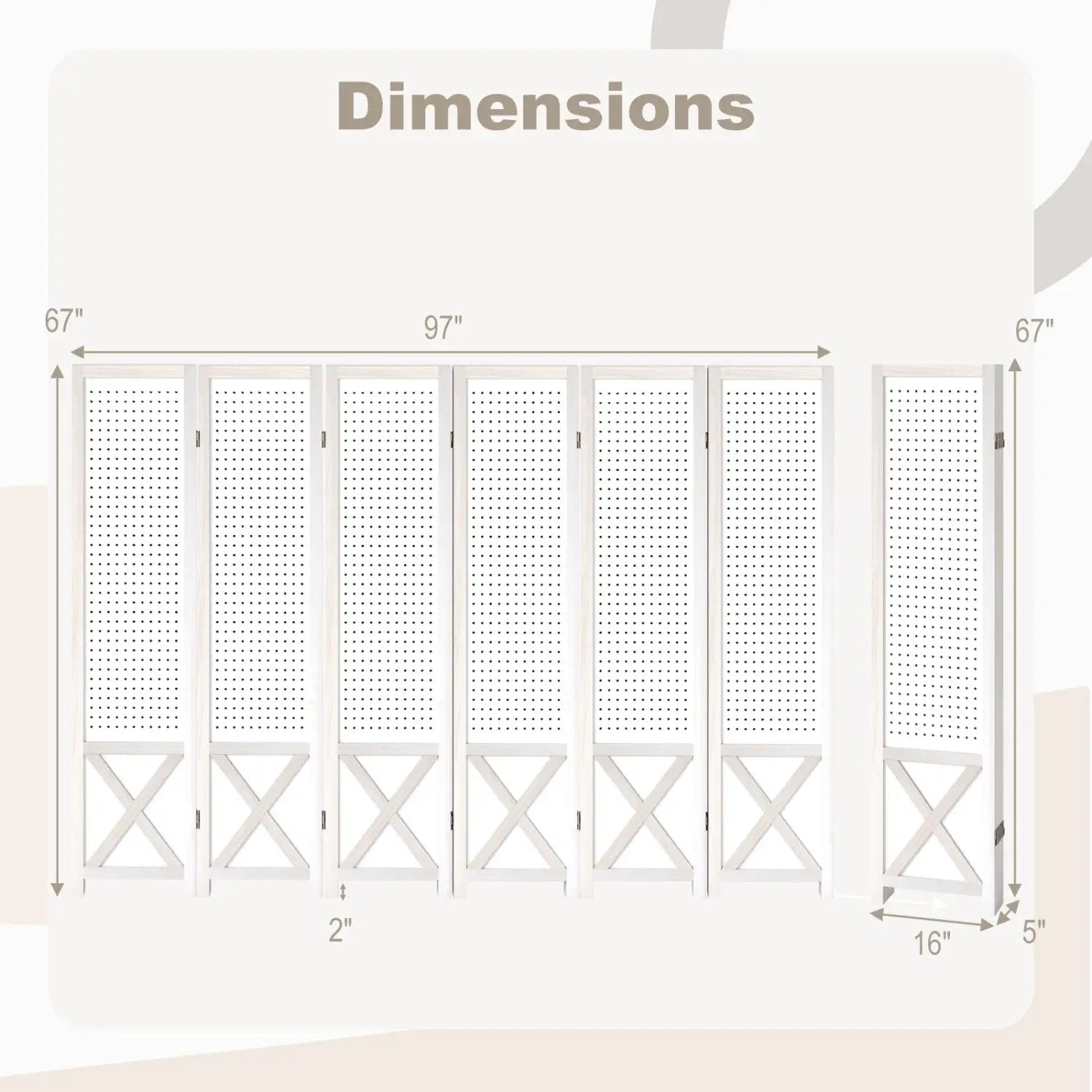 6-Panel Pegboard Room Divider 67 Inches Tall Foldable Privacy Screen by DirectDeals