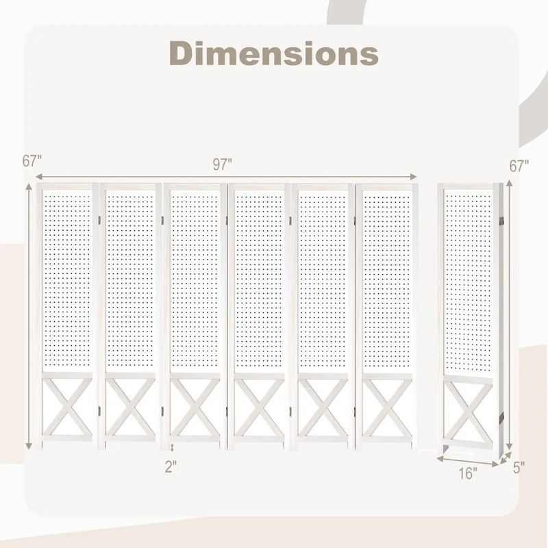 6-Panel Pegboard Room Divider 67 Inches Tall Foldable Privacy Screen by DirectDeals