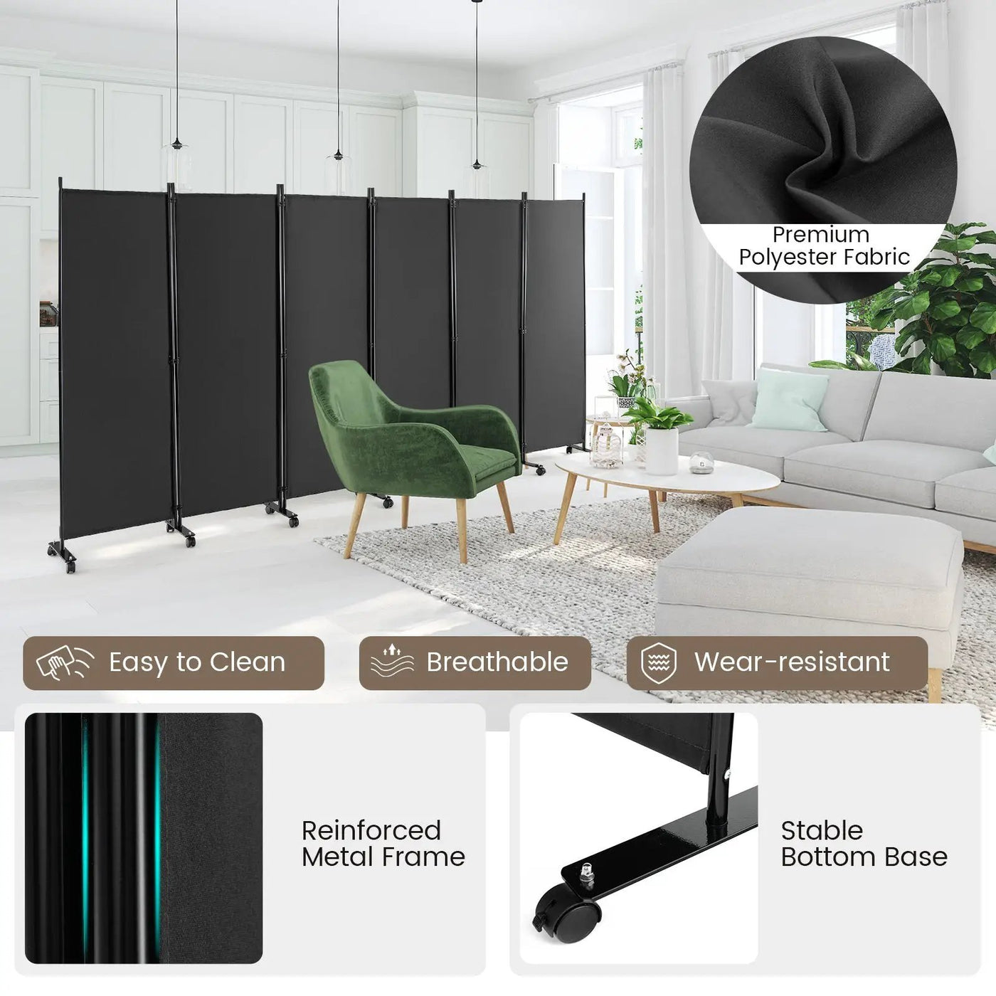 6 Panel 5.7 Feet Tall Rolling Room Divider on Wheels by DirectDeals