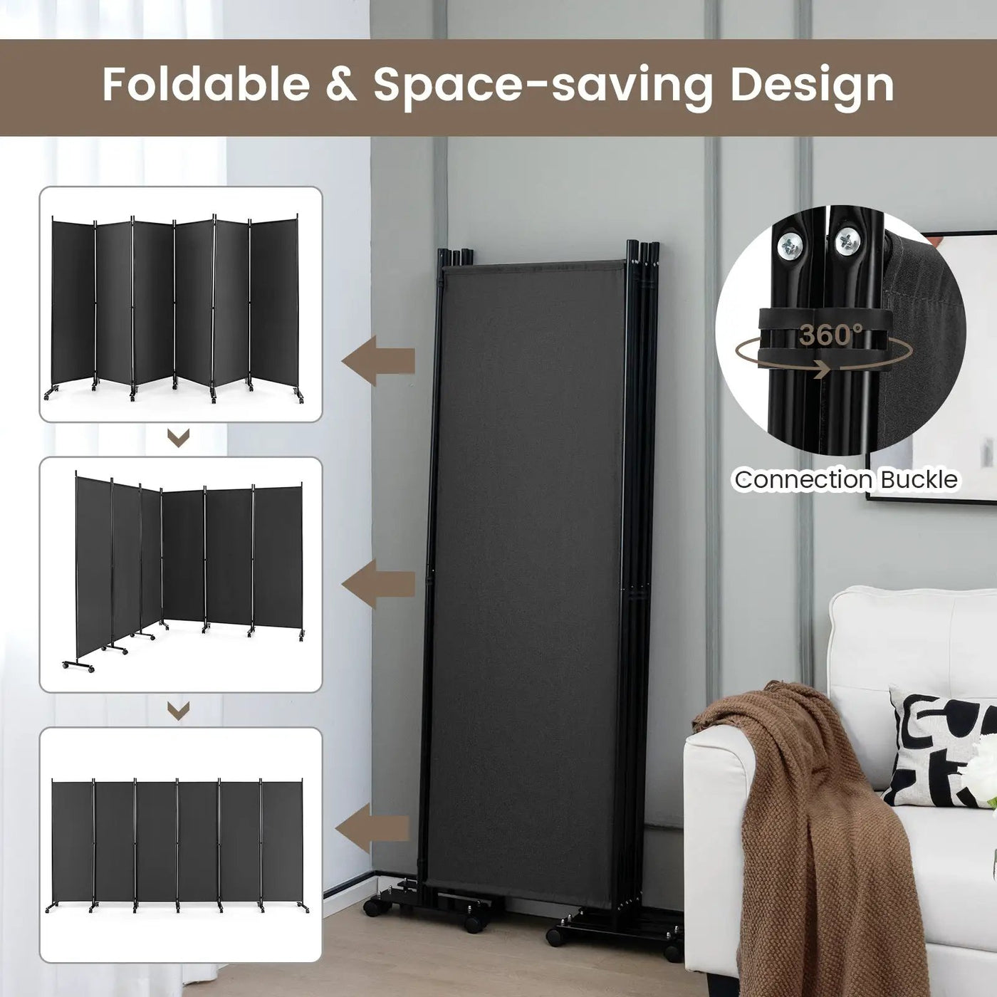 6 Panel 5.7 Feet Tall Rolling Room Divider on Wheels by DirectDeals