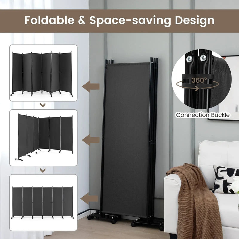 6 Panel 5.7 Feet Tall Rolling Room Divider on Wheels by DirectDeals