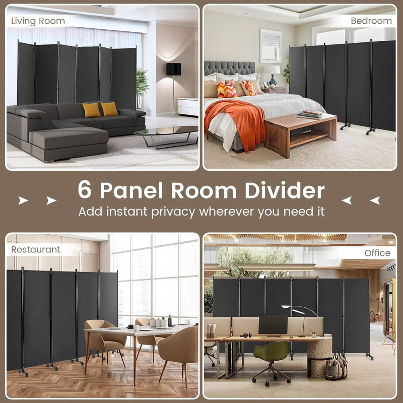 6 Panel 5.7 Feet Tall Rolling Room Divider on Wheels by DirectDeals