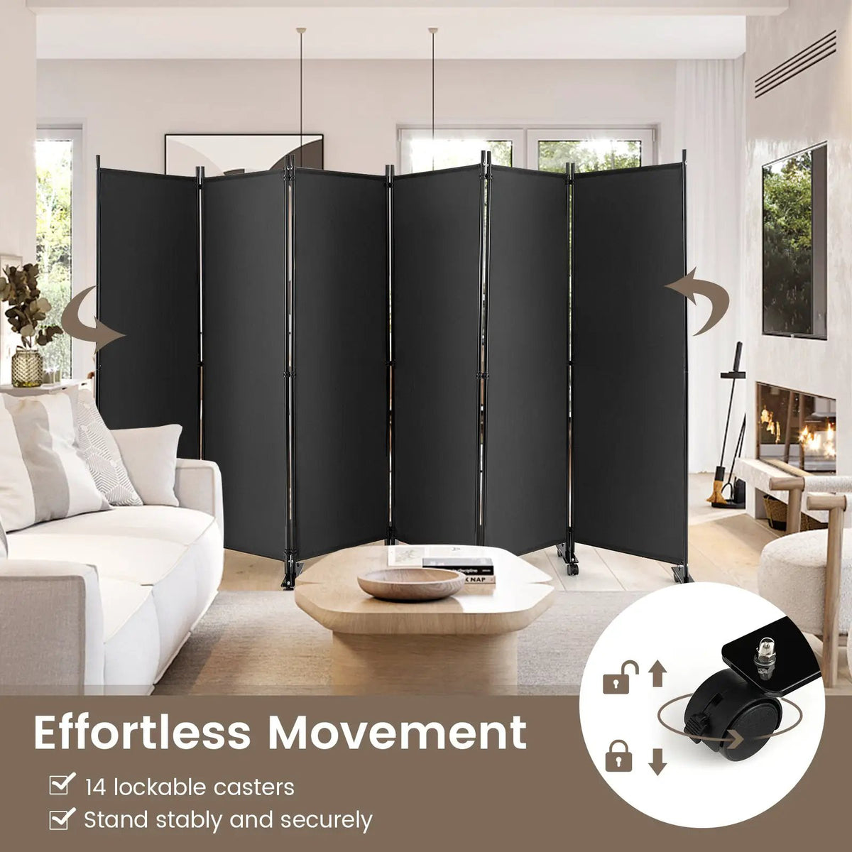 6 Panel 5.7 Feet Tall Rolling Room Divider on Wheels by DirectDeals
