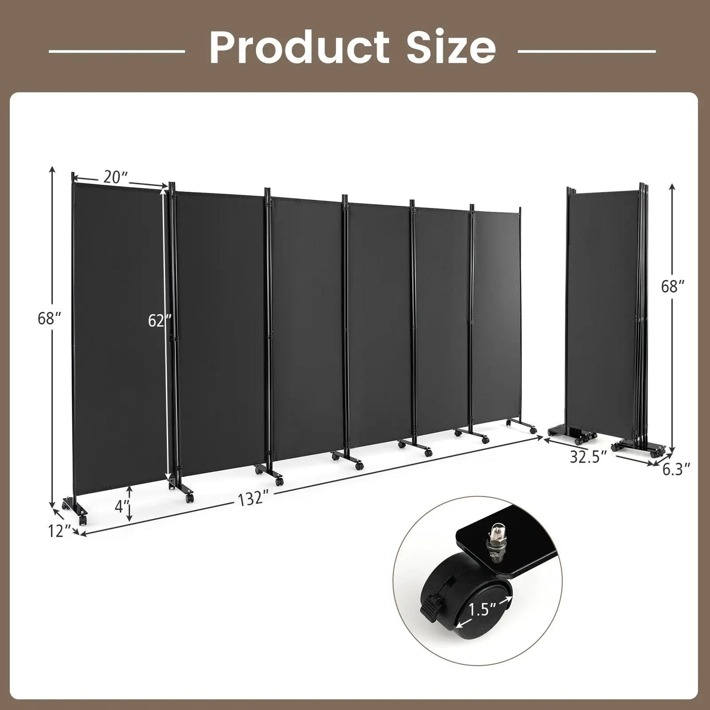 6 Panel 5.7 Feet Tall Rolling Room Divider on Wheels by DirectDeals