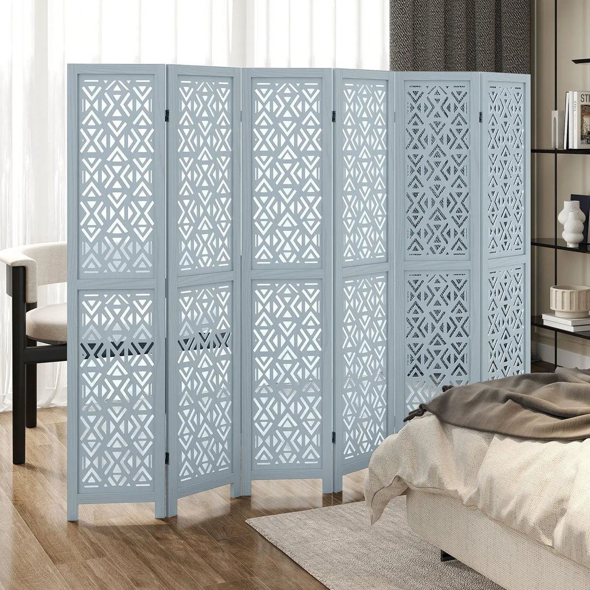 4/6 Panel Wooden Room Divider with Carved Cutout Pattern and Solid Wood Frame by DirectDeals