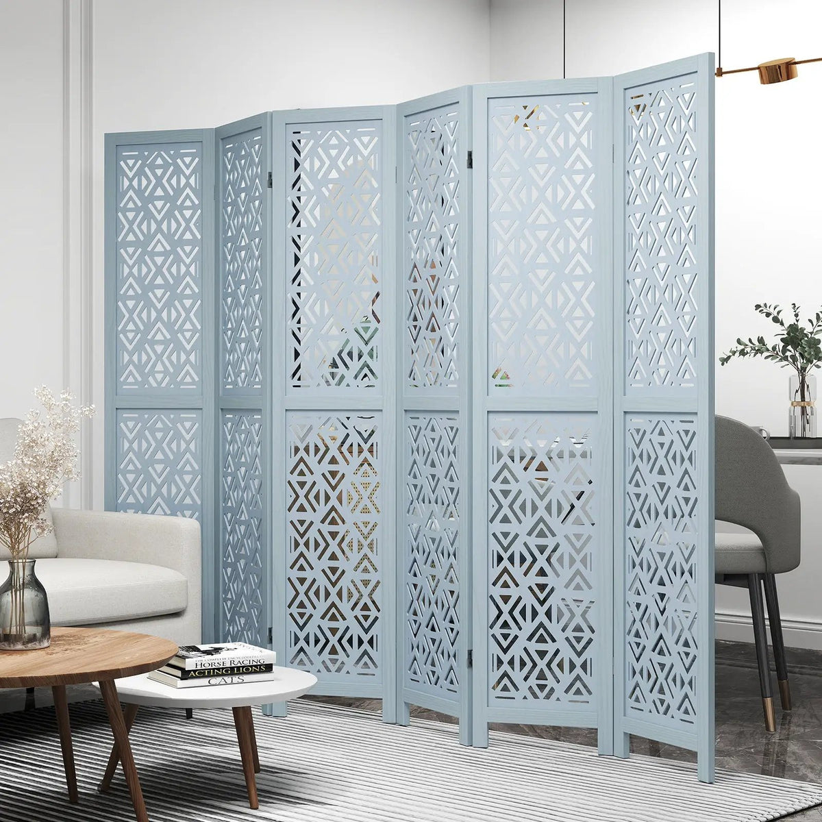 4/6 Panel Wooden Room Divider with Carved Cutout Pattern and Solid Wood Frame by DirectDeals