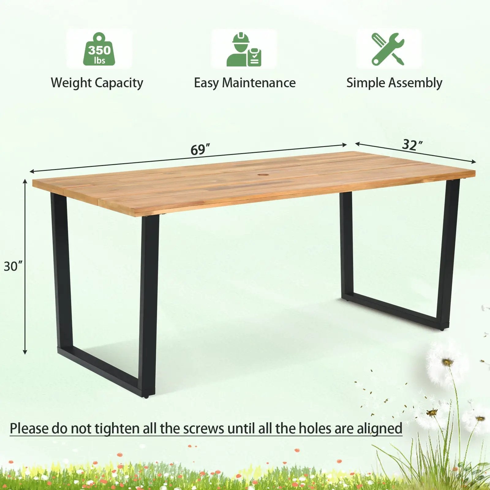 6-Person Acacia Wood Outdoor Dining Table with 2 Inch Umbrella Hole by DirectDeals