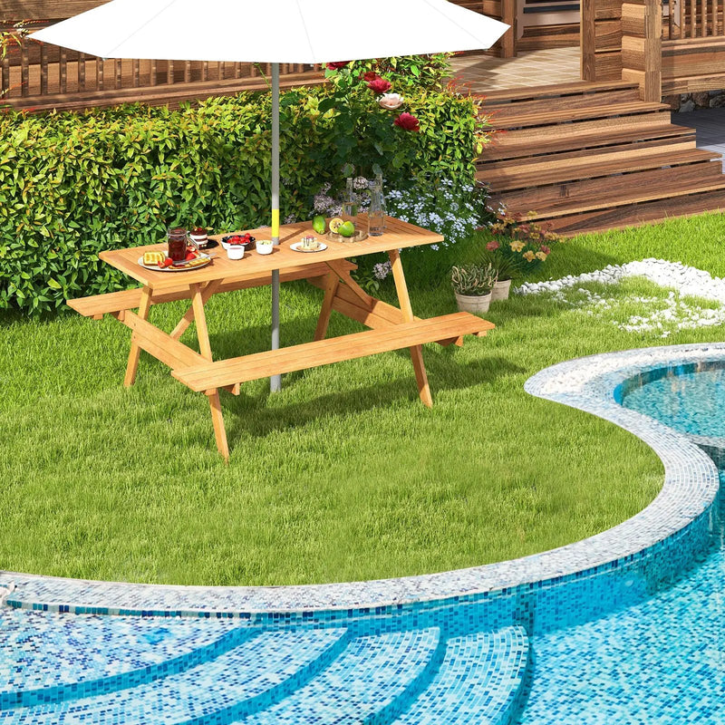 6 Person Picnic Table Set Patio Rectangle with 2 Built-in Benches and Umbrella Hole by DirectDeals