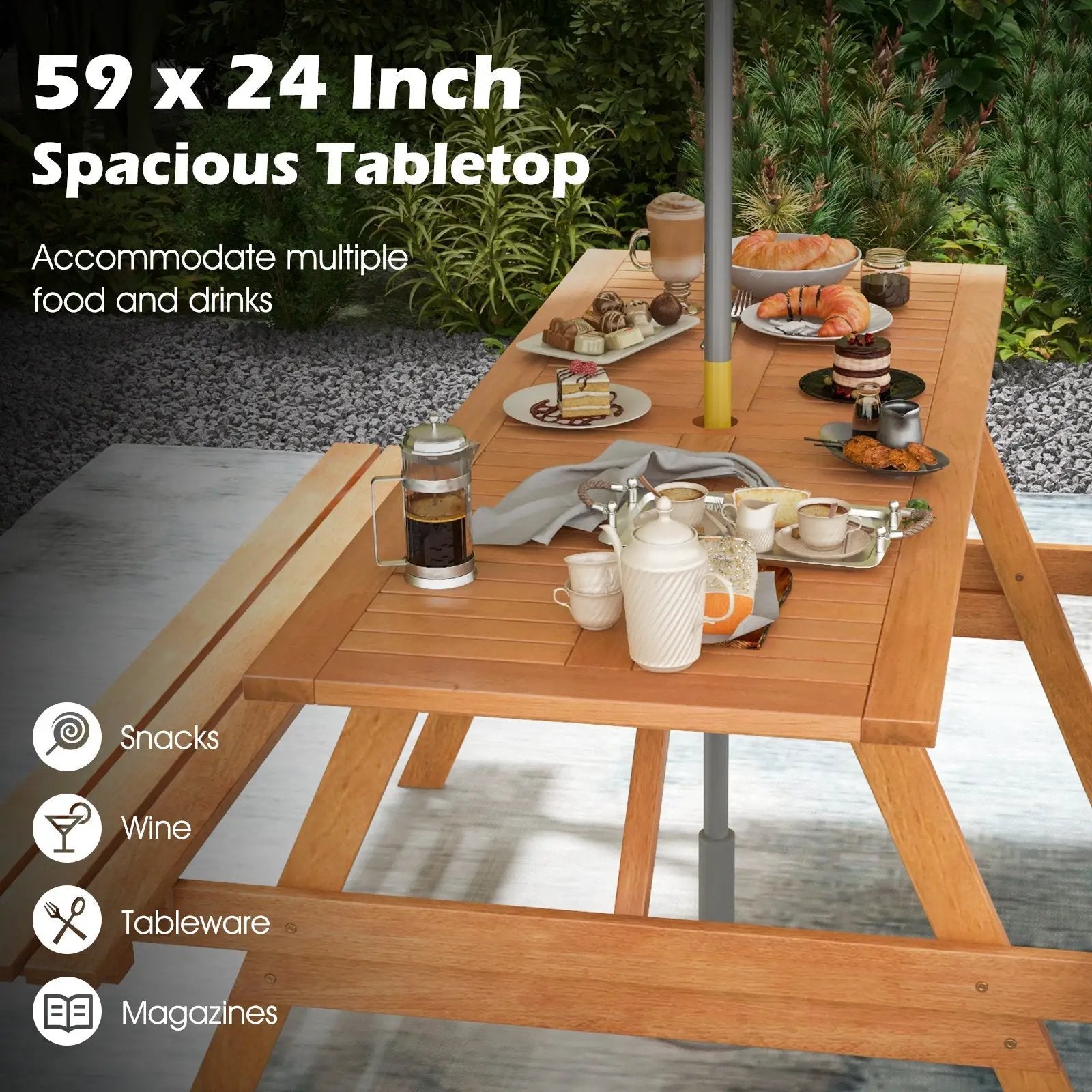 6 Person Picnic Table Set Patio Rectangle with 2 Built-in Benches and Umbrella Hole by DirectDeals