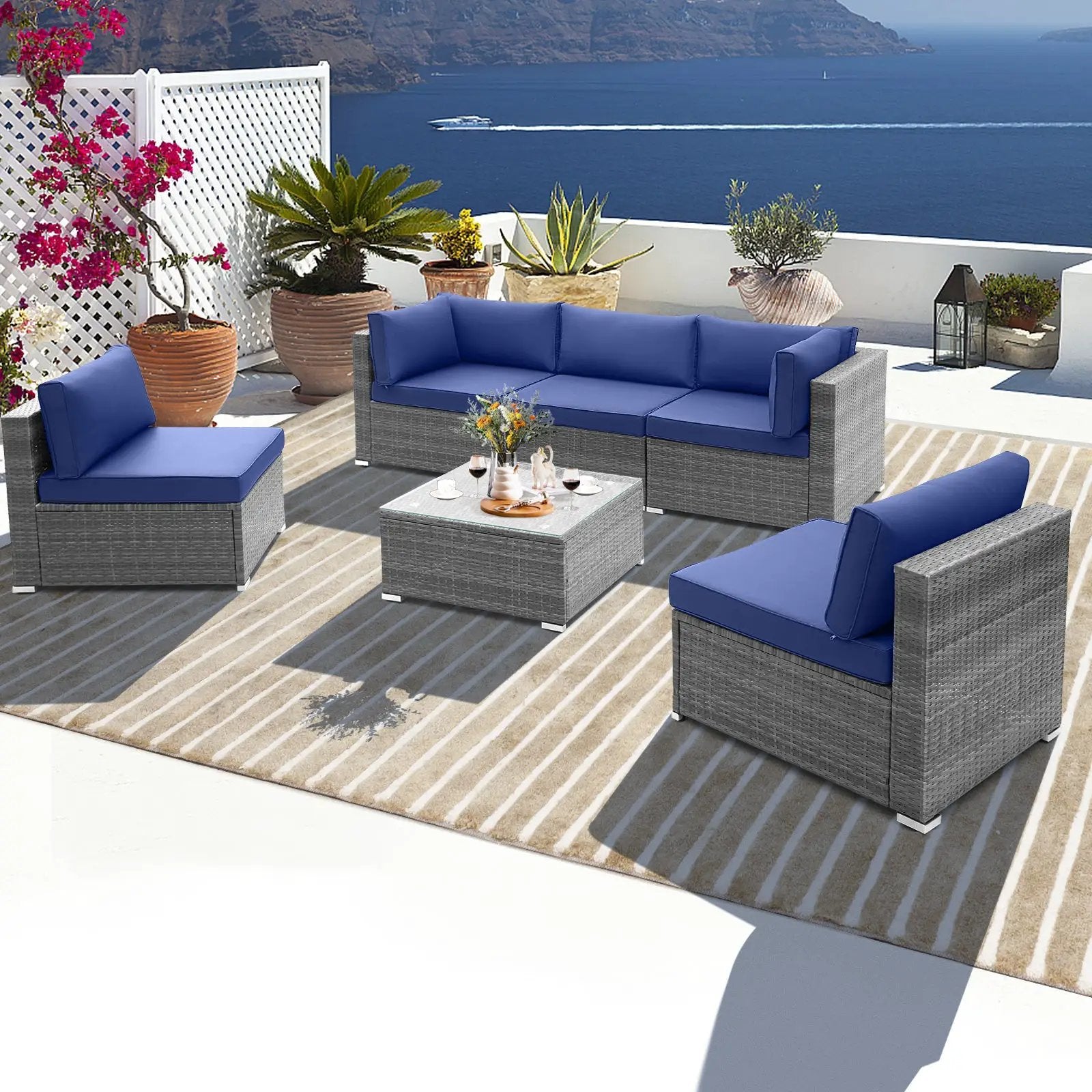 6 Piece Patio Conversation Sofa Set with Tempered Glass Coffee Table-Navy by DirectDeals