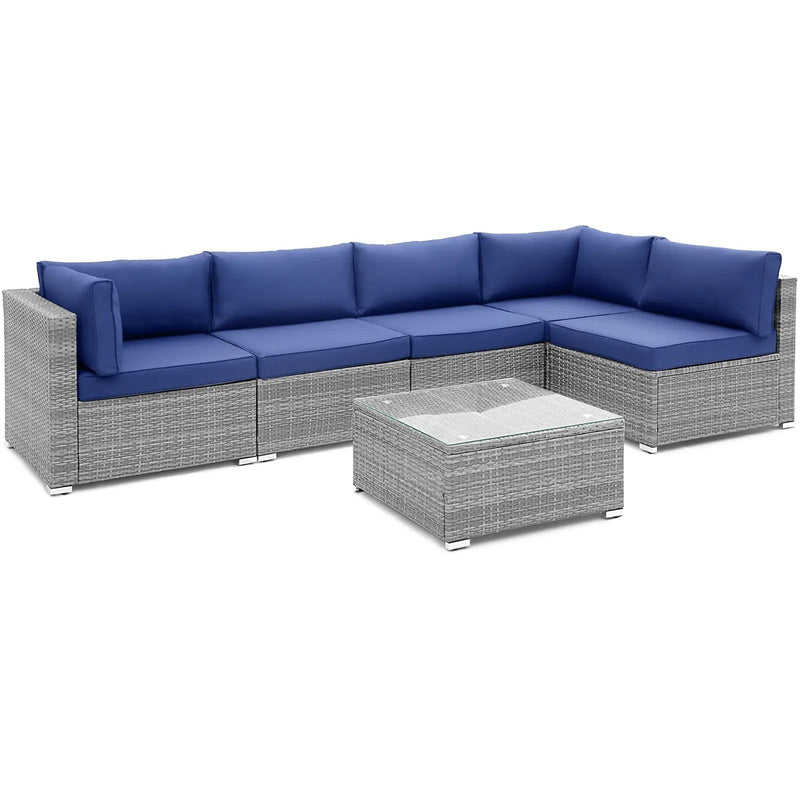 6 Piece Patio Conversation Sofa Set with Tempered Glass Coffee Table-Navy by DirectDeals