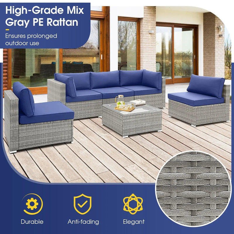 6 Piece Patio Conversation Sofa Set with Tempered Glass Coffee Table-Navy by DirectDeals