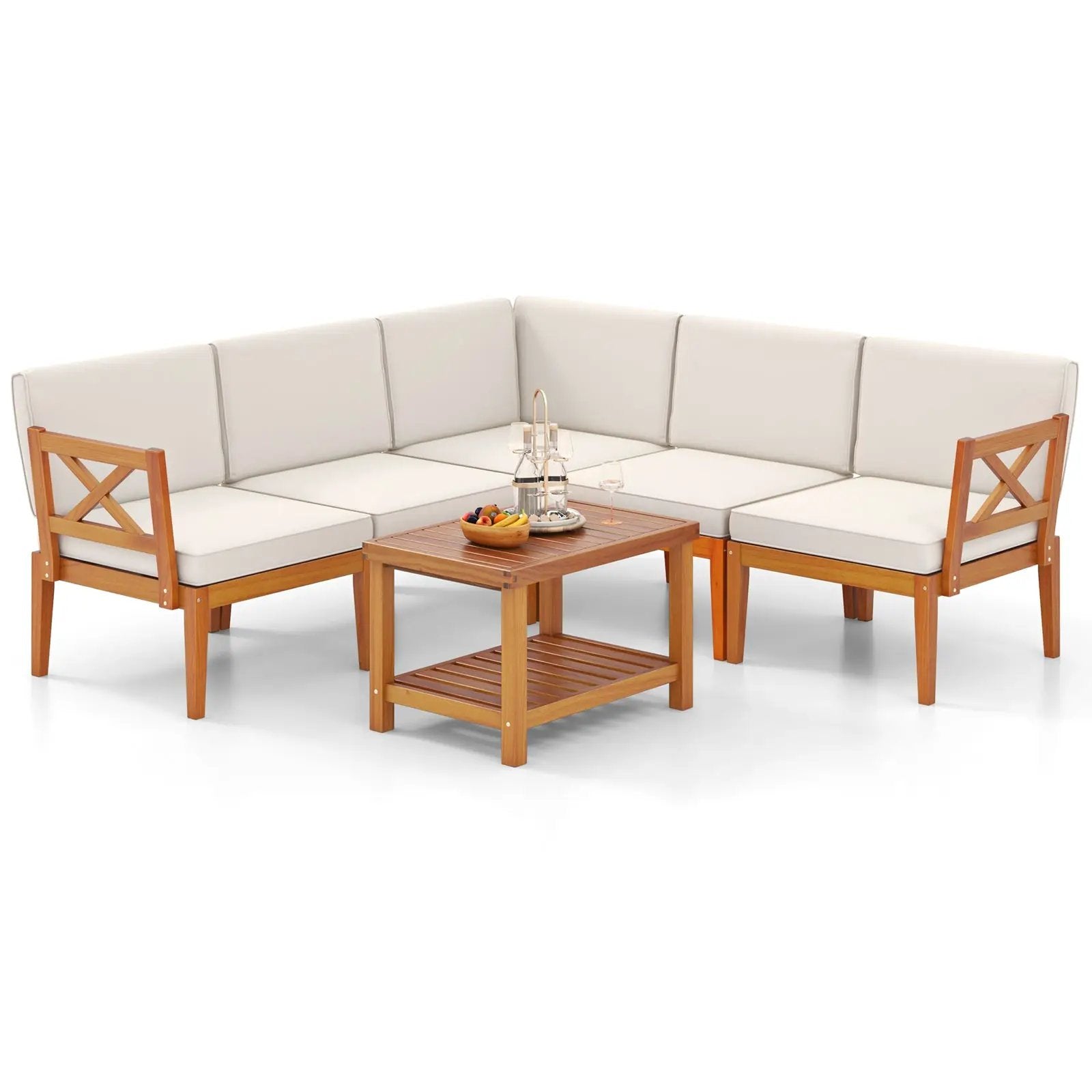 6 Pieces Acacia Wood Patio Furniture Set with Cushions and 2-Tier Coffee Table-White by DirectDeals