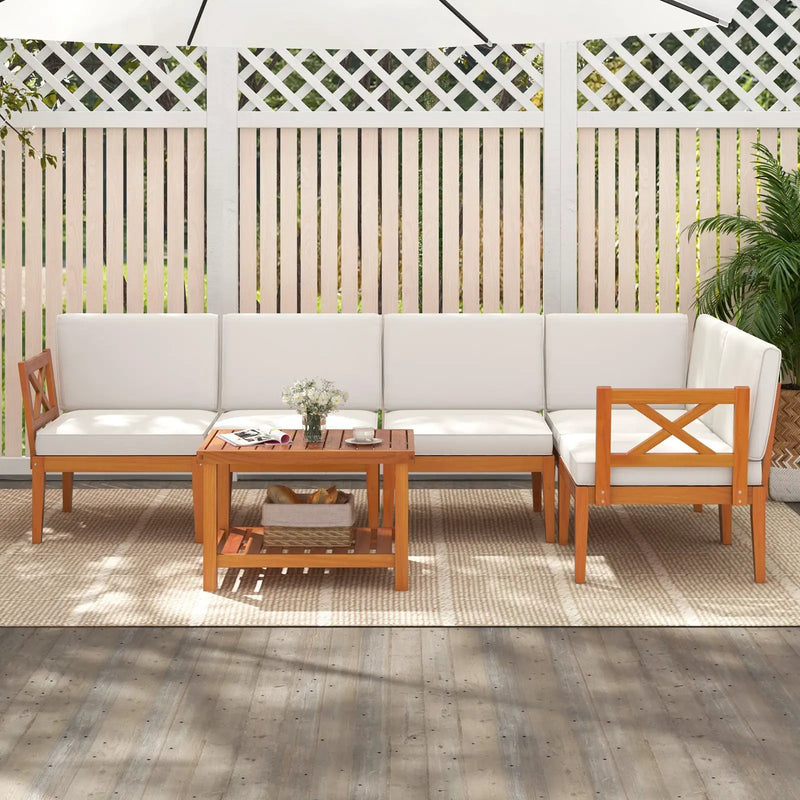 6 Pieces Acacia Wood Patio Furniture Set with Cushions and 2-Tier Coffee Table-White by DirectDeals