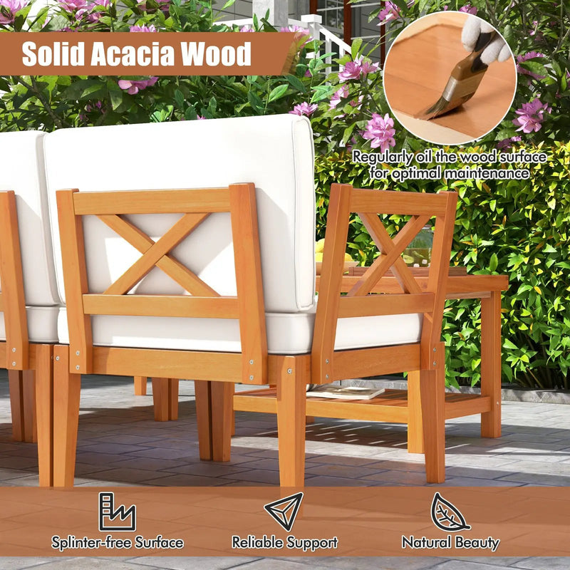 6 Pieces Acacia Wood Patio Furniture Set with Cushions and 2-Tier Coffee Table-White by DirectDeals