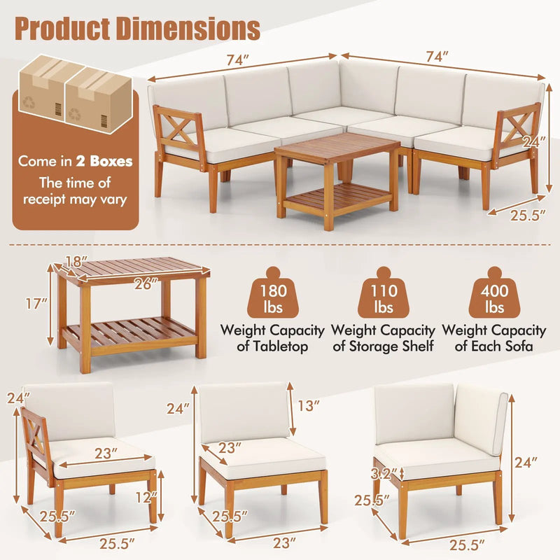 6 Pieces Acacia Wood Patio Furniture Set with Cushions and 2-Tier Coffee Table-White by DirectDeals