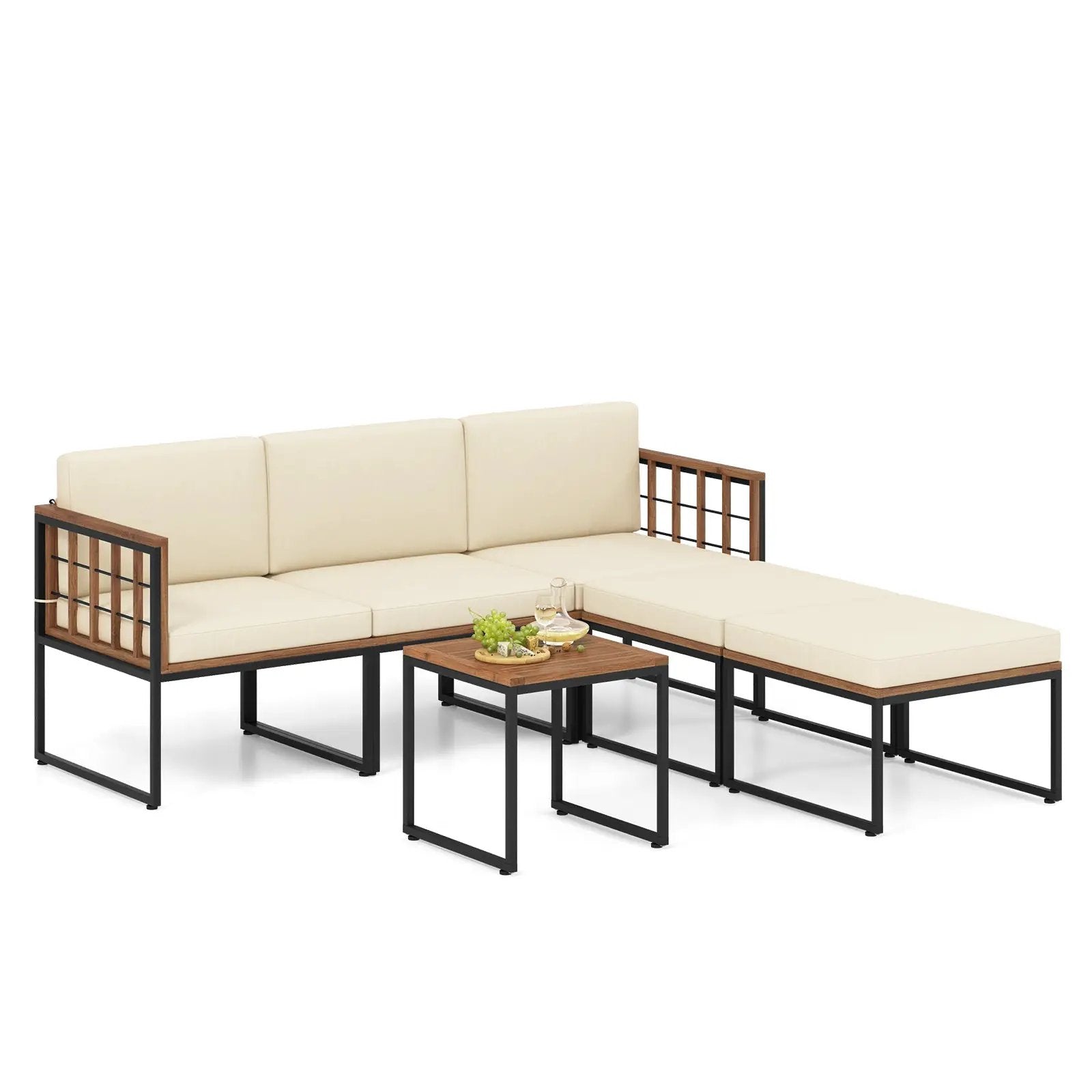 6 Pieces Acacia Wood Patio Furniture Set with Coffee Table and Ottomans-Beige by DirectDeals