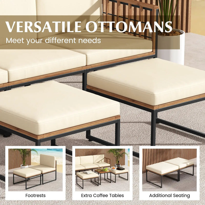 6 Pieces Acacia Wood Patio Furniture Set with Coffee Table and Ottomans-Beige by DirectDeals
