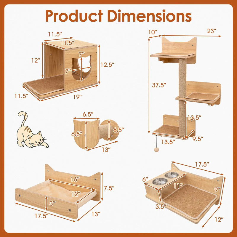 6 Pieces Cat Wall Furniture Set Kitten Wall Mounted Shelves-Natural by DirectDeals