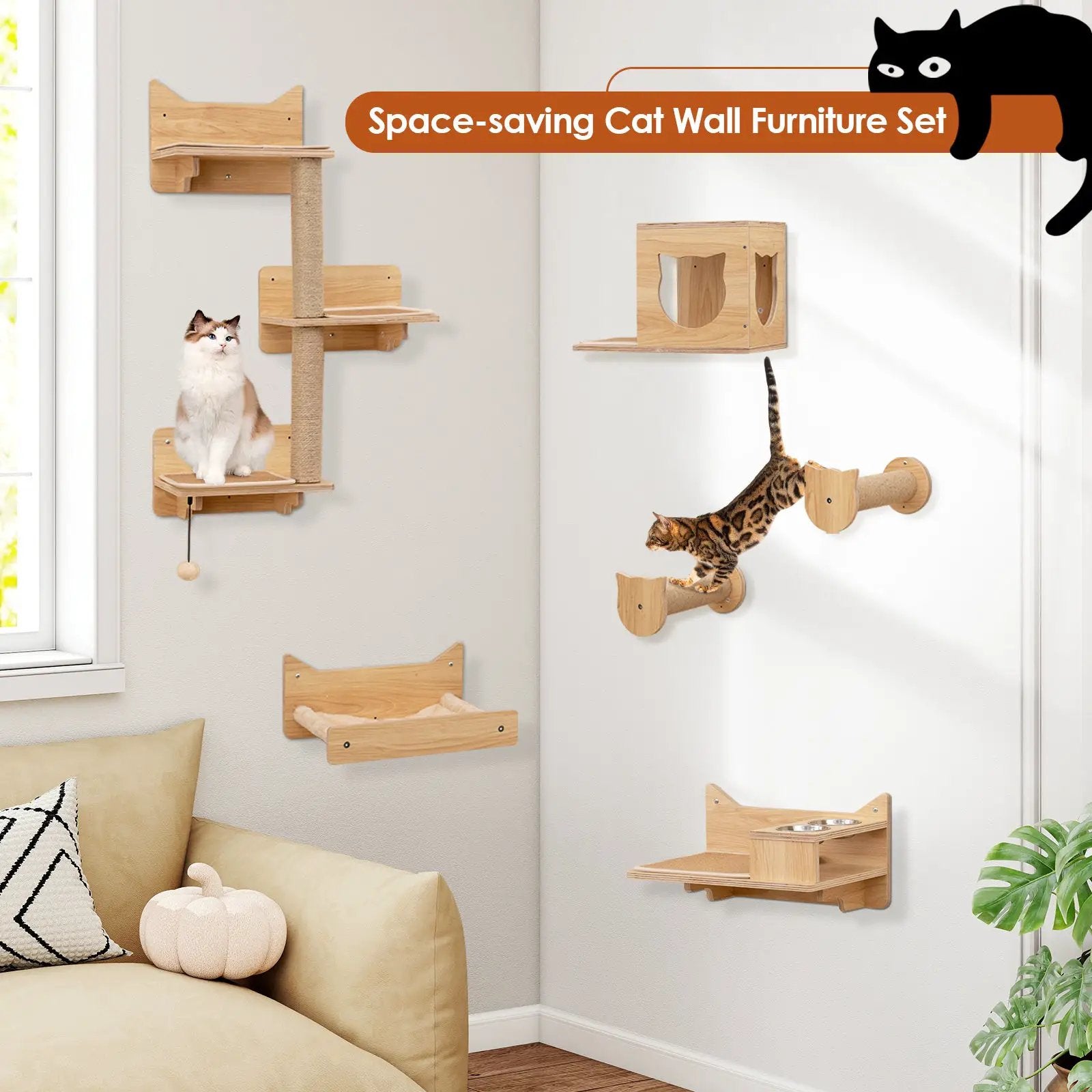 6 Pieces Cat Wall Furniture Set Kitten Wall Mounted Shelves-Natural by DirectDeals