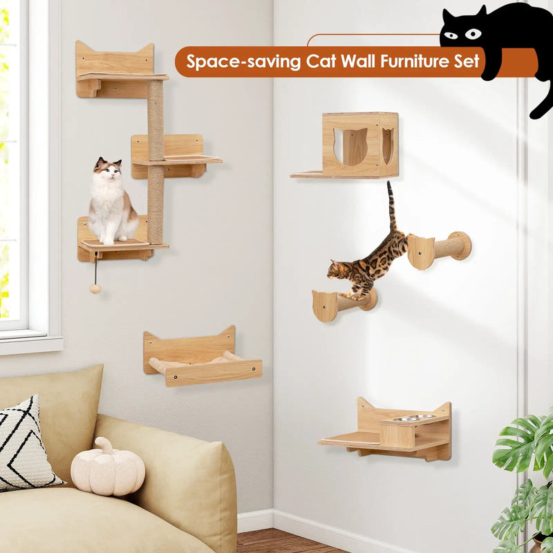 6 Pieces Cat Wall Furniture Set Kitten Wall Mounted Shelves-Natural by DirectDeals