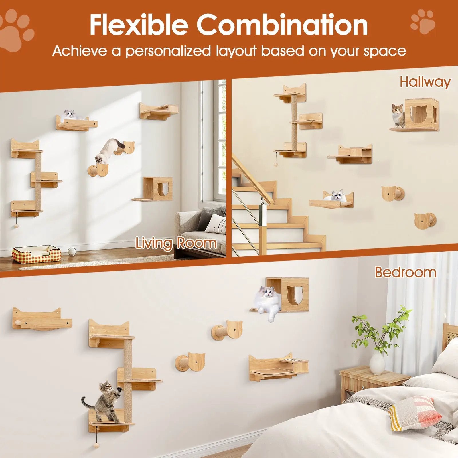 6 Pieces Cat Wall Furniture Set Kitten Wall Mounted Shelves-Natural by DirectDeals