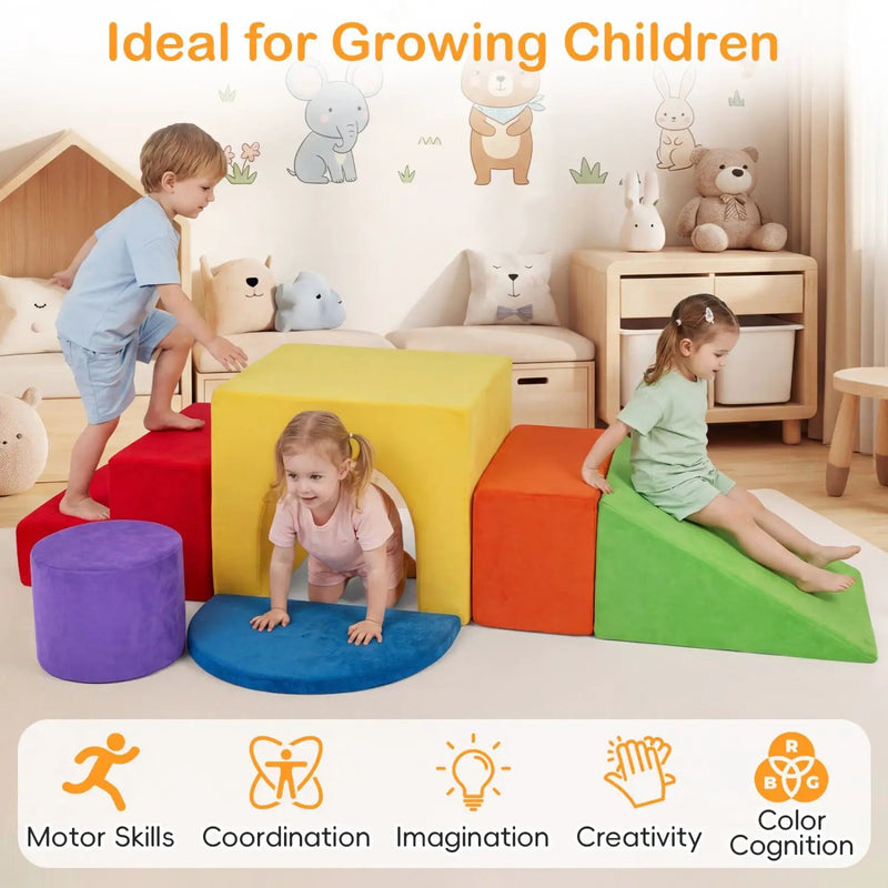 Foam Climbing Blocks Set with Slide and Tunnel - 6 Pieces by DirectDeals