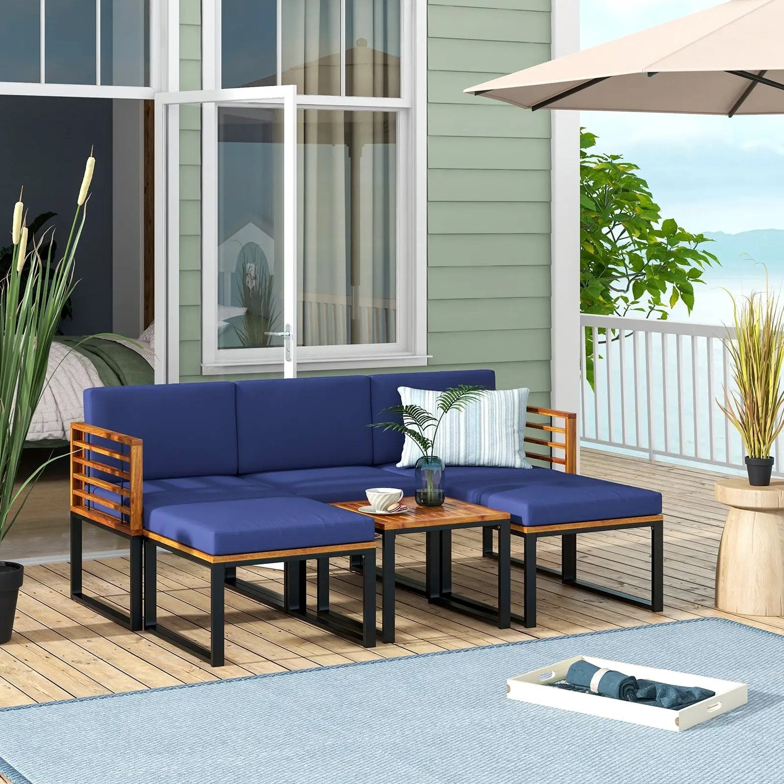 6 Piece Patio Acacia Wood Conversation Sofa Set with Ottomans and Coffee Table-Navy by DirectDeals