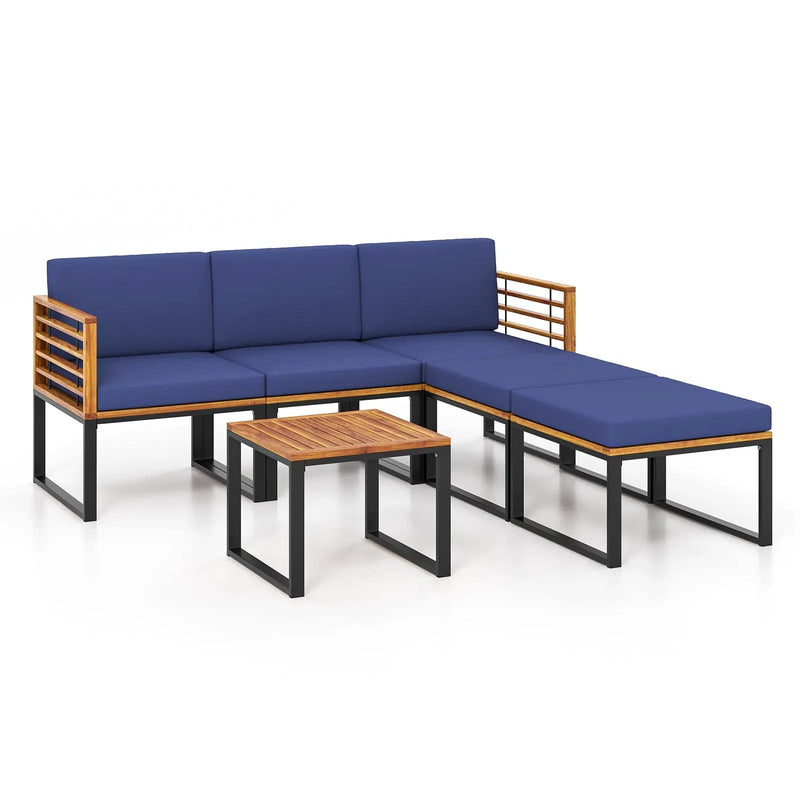 6 Piece Patio Acacia Wood Conversation Sofa Set with Ottomans and Coffee Table-Navy by DirectDeals