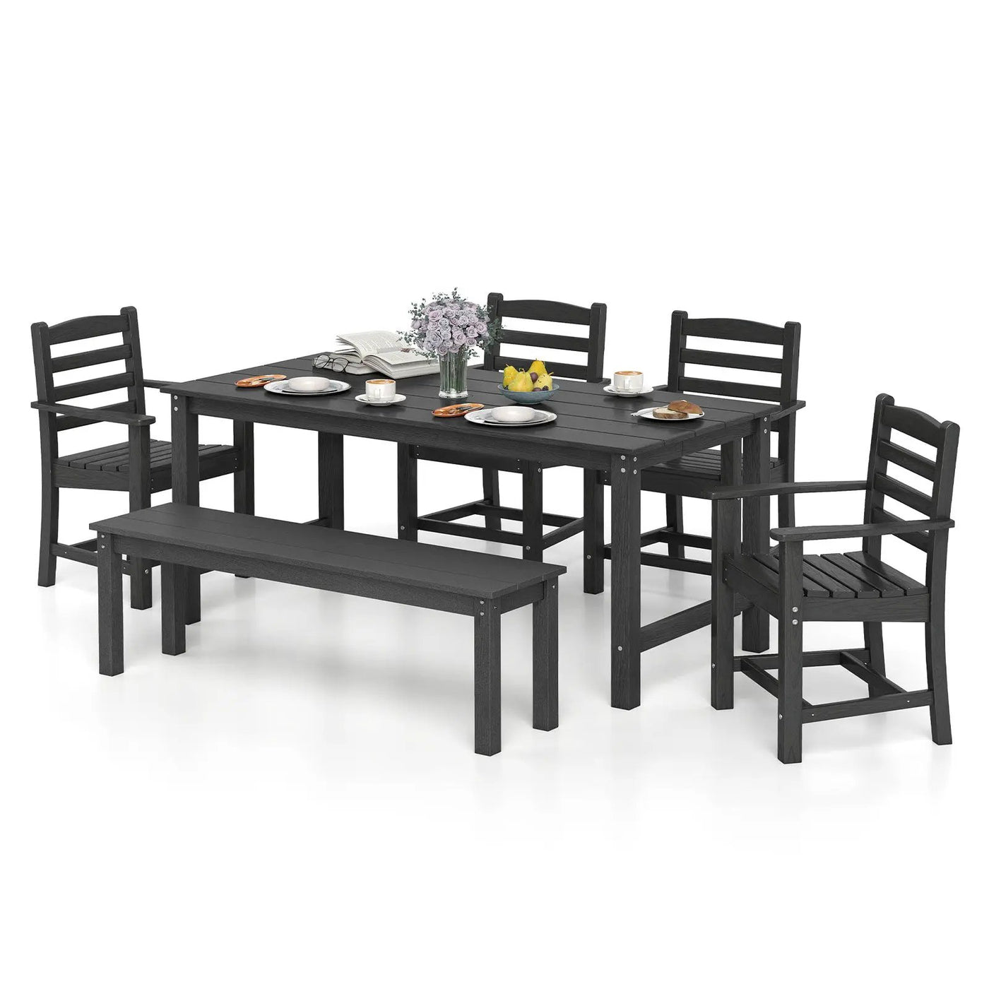 6 Pieces Patio Dining Bench Set Outdoor HDPE Weather Resistant Table and Chairs Set by DirectDeals