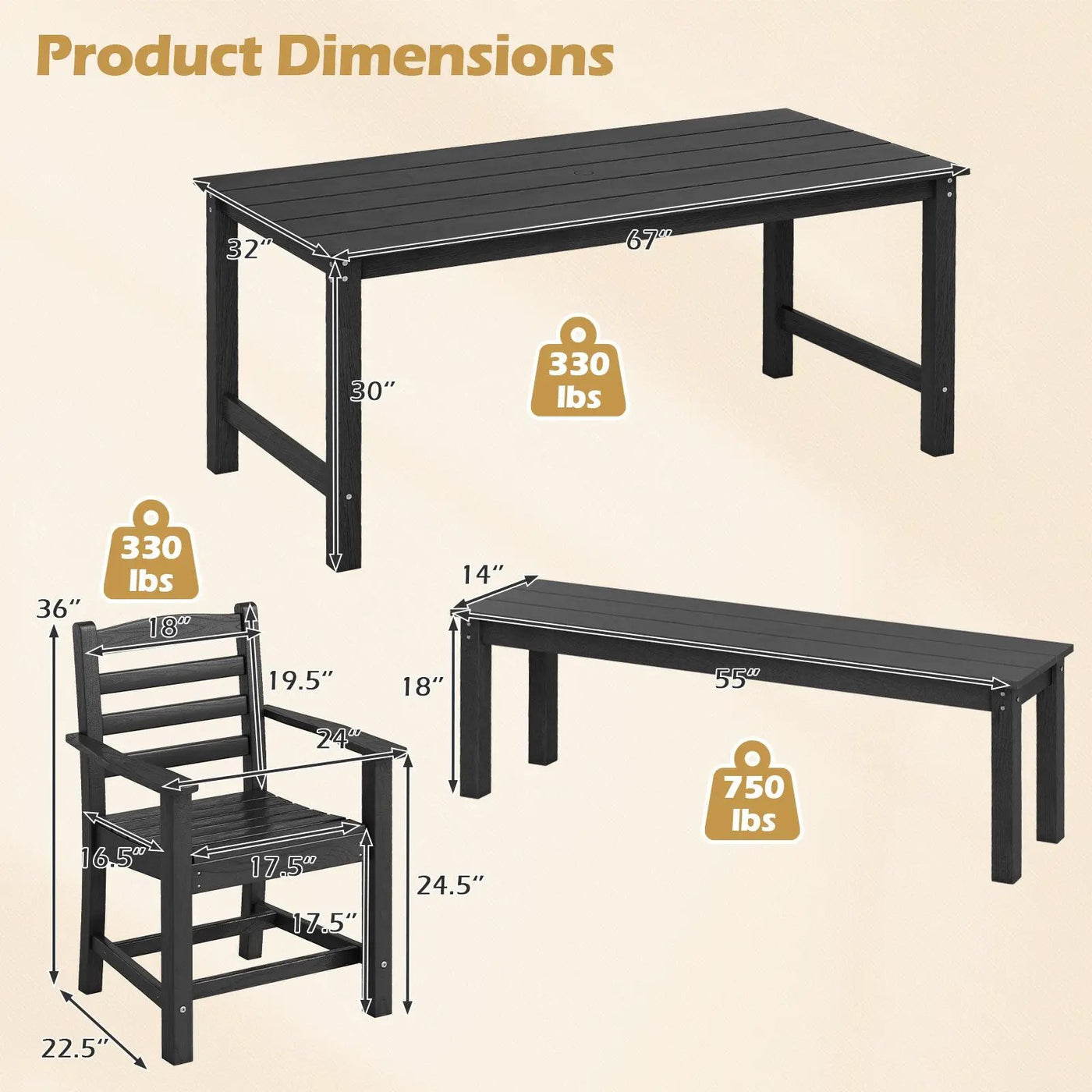 6 Pieces Patio Dining Bench Set Outdoor HDPE Weather Resistant Table and Chairs Set by DirectDeals