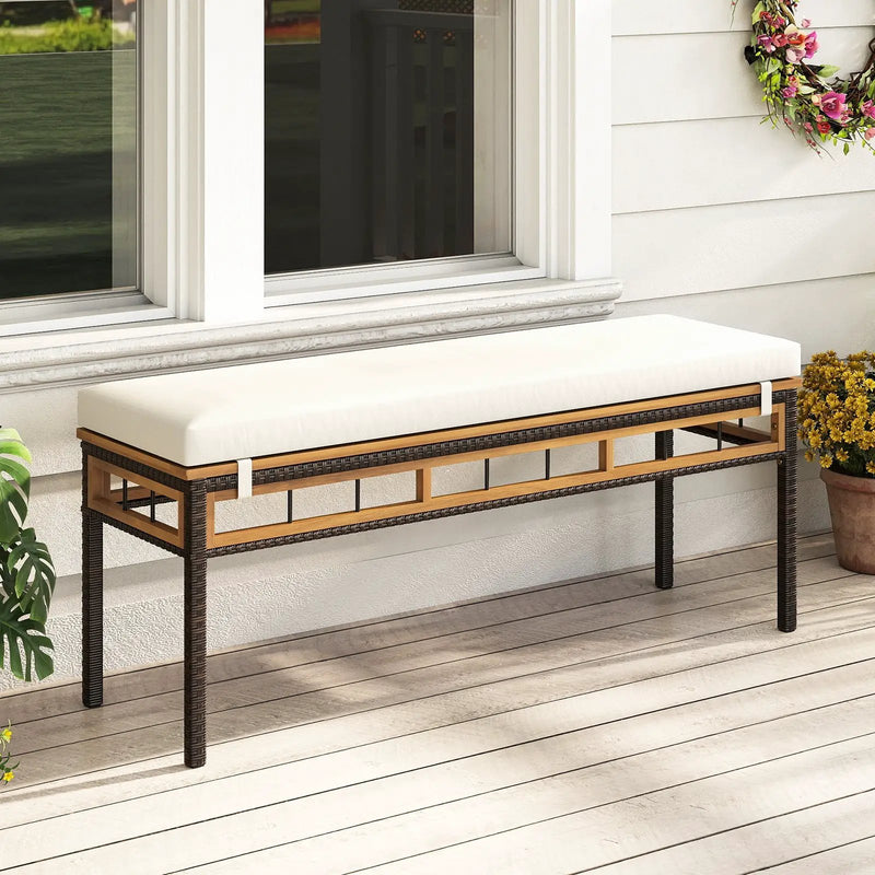 Wicker Patio Bench for 2 People 48invh Long Backless Dining Bench with Acacia Wood Seat-White by DirectDeals