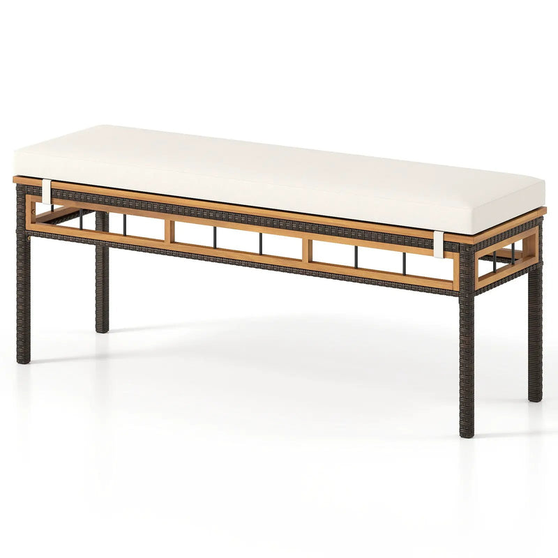 Wicker Patio Bench for 2 People 48invh Long Backless Dining Bench with Acacia Wood Seat-White by DirectDeals