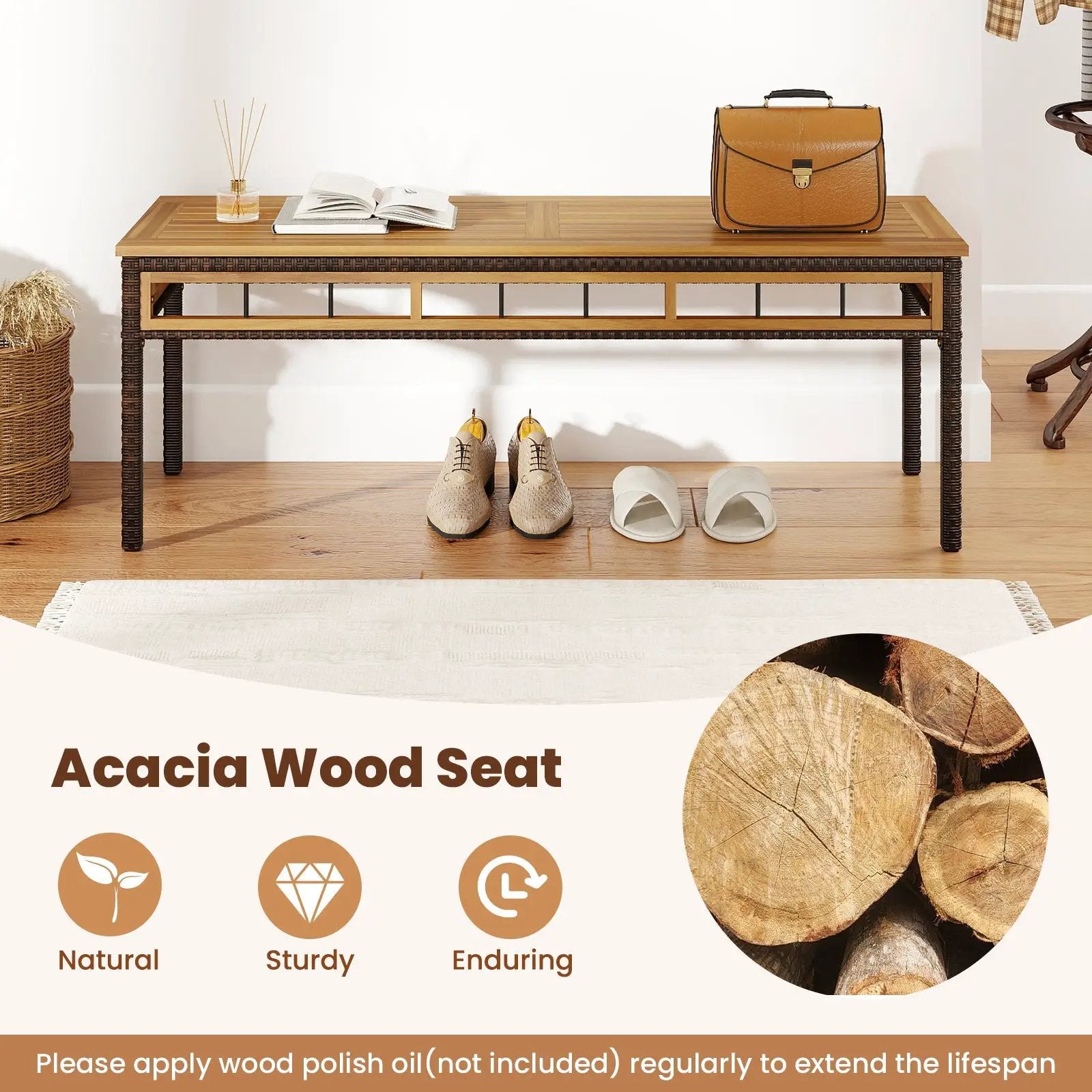Wicker Patio Bench for 2 People 48invh Long Backless Dining Bench with Acacia Wood Seat-White by DirectDeals
