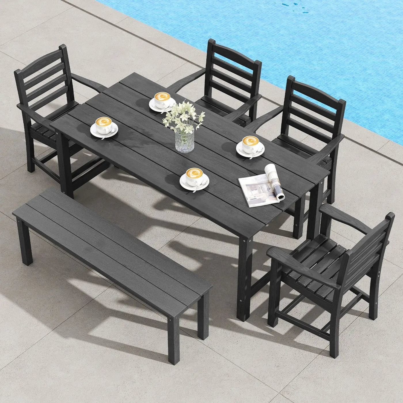 6 Pieces Patio Dining Bench Set Outdoor HDPE Weather Resistant Table and Chairs Set by DirectDeals