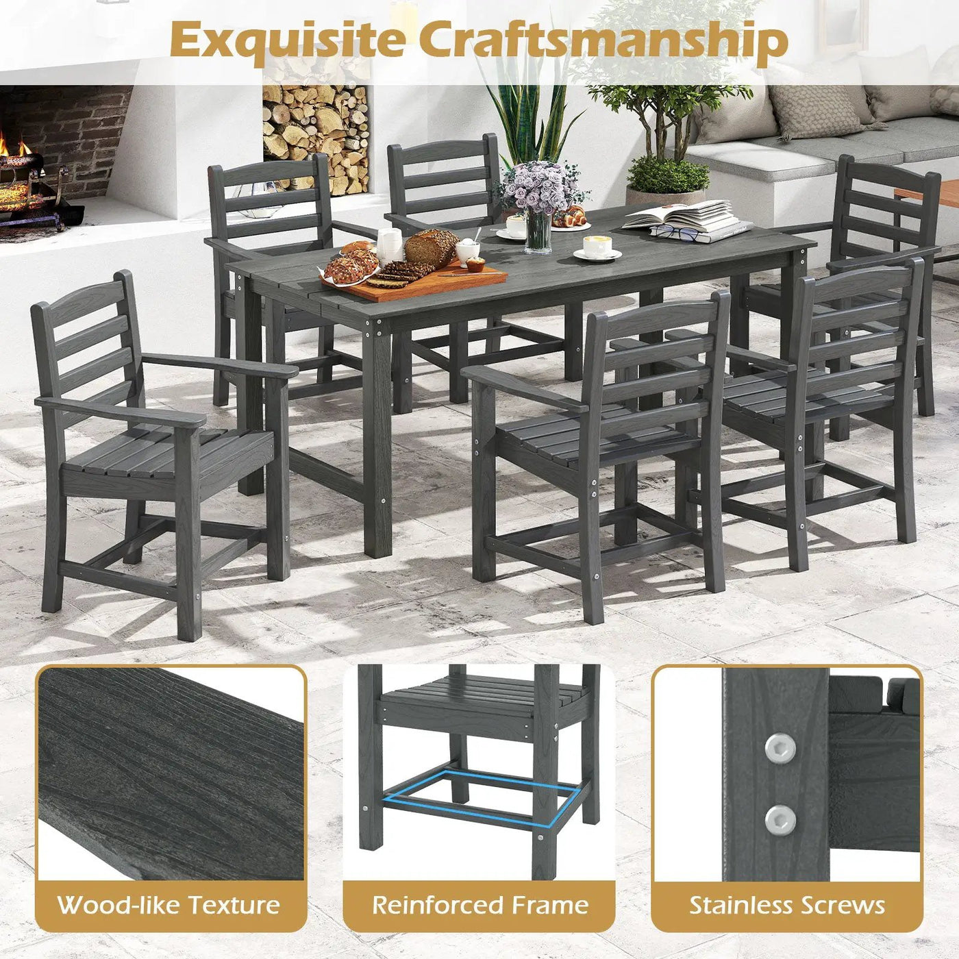 6 Pieces Patio Dining Bench Set Outdoor HDPE Weather Resistant Table and Chairs Set by DirectDeals