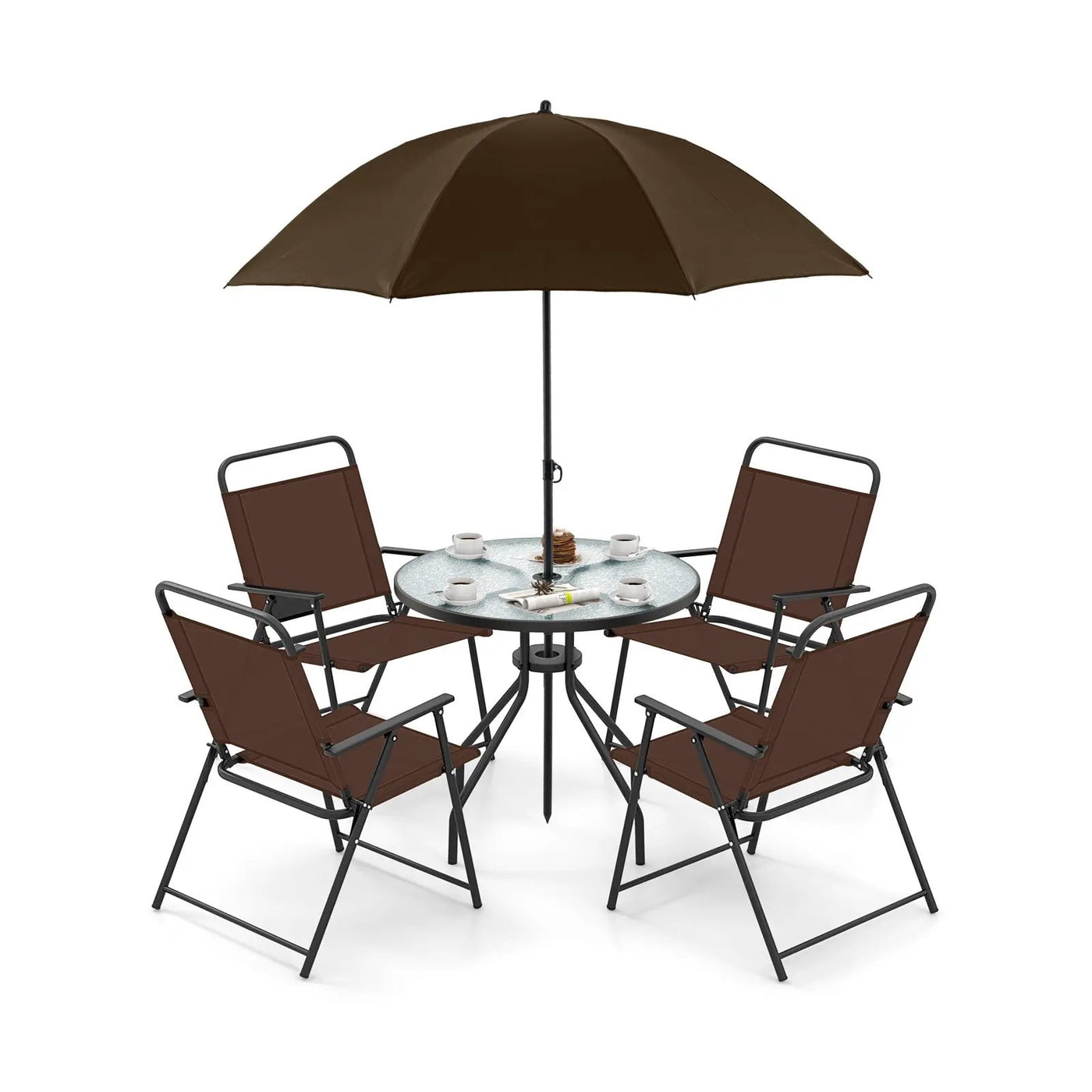 6 Pieces Patio Dining Set Folding Chairs Glass Table Tilt Umbrella for Garden by DirectDeals