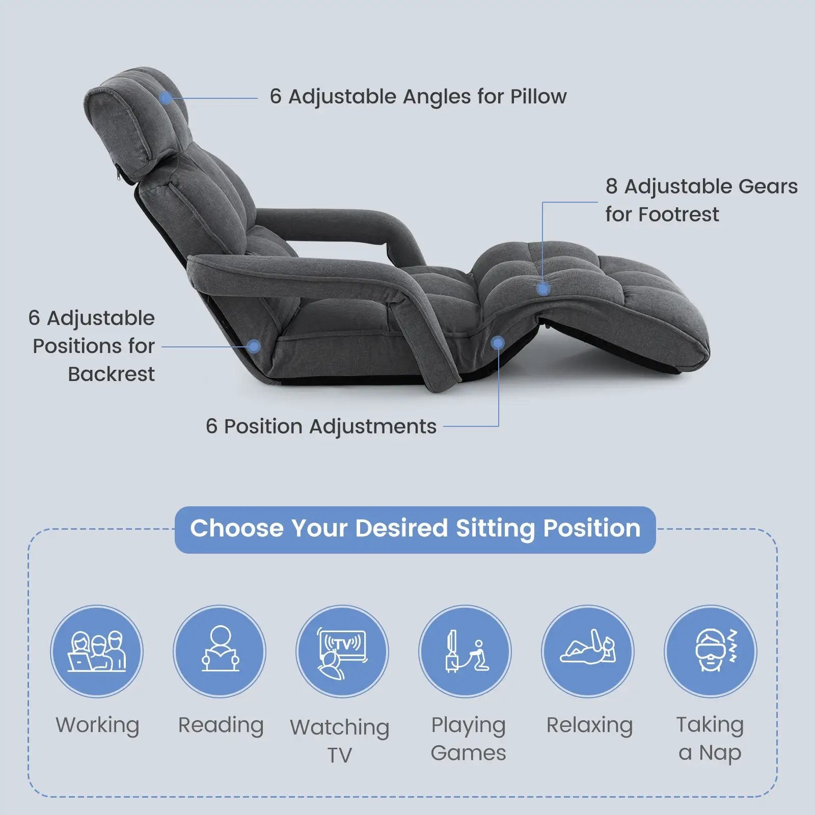 6-Position Adjustable Floor Chair with Adjustable Armrests and Footrest by DirectDeals