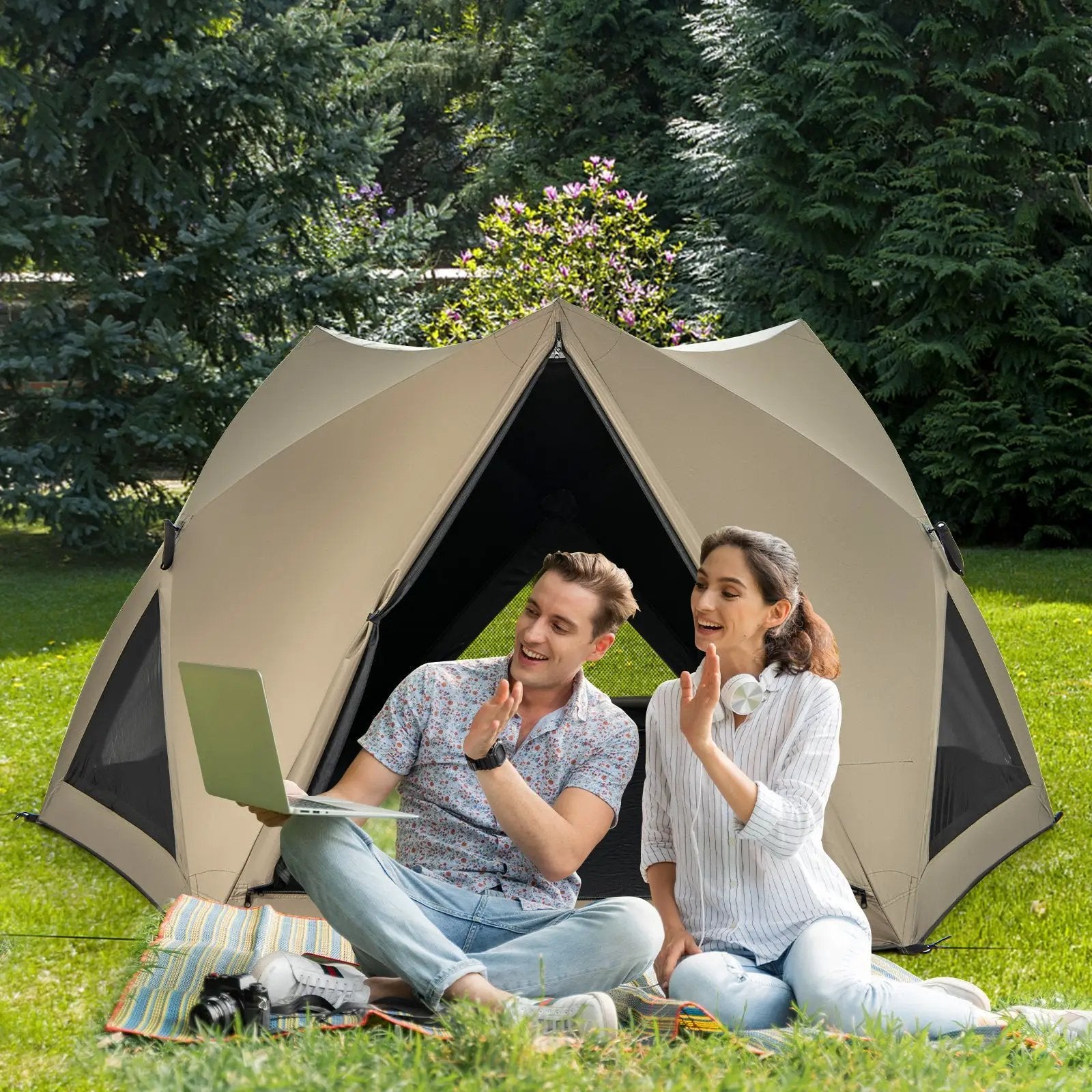 6-Sided Pop-up Family Tent with Rainfly Skylight 3 Doors 3 Windows-Green by DirectDeals
